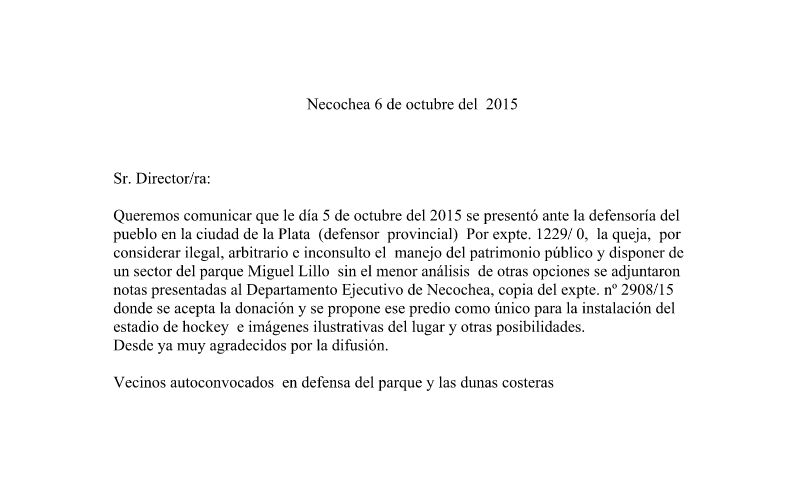 nota al defensor del pueblo por cancha de hockey