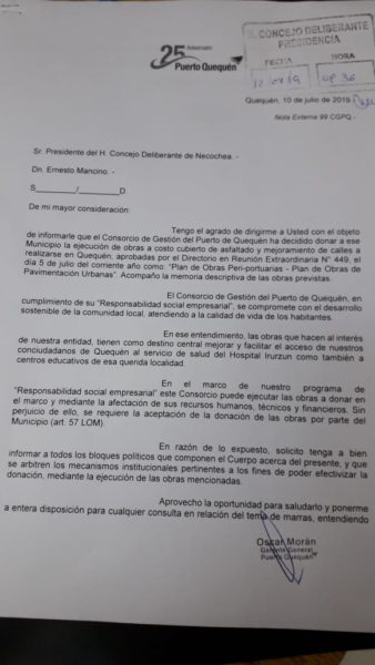 OBRAS: Puerto Quequén notificó al Municipio la donación de Obras de pavimentación