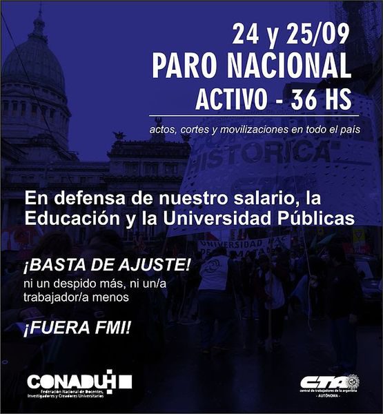 CONADU histórica convoca a paro nacional activo de 36 horas el 24 y 25 de septiembre