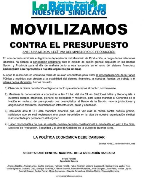 BANCOS: Por conciliación obligatoria no habrá paro pero si movilización