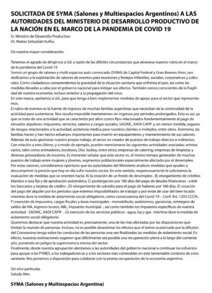 Pedido de los empresarios de salones de fiestas
