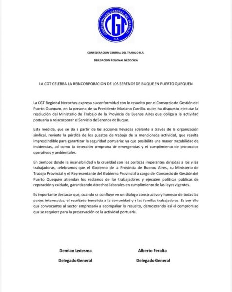 Satisfacción de la CGT Regional Necochea