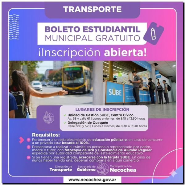 NECOCHEA: Boleto estudiantil gratuito. Sigue la inscripción