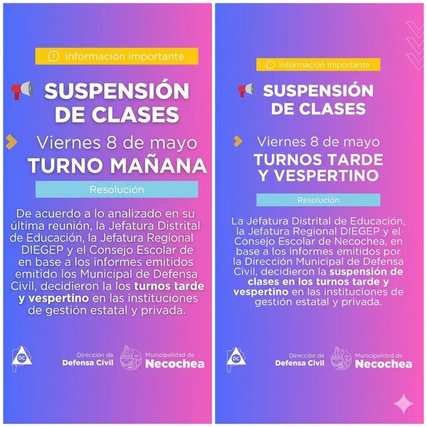 URGENTE: Se suspenden las clases en Necochea para todo el día viernes