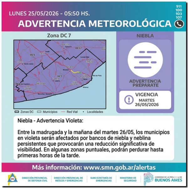NECOCHEA: Alerta violeta por niebla