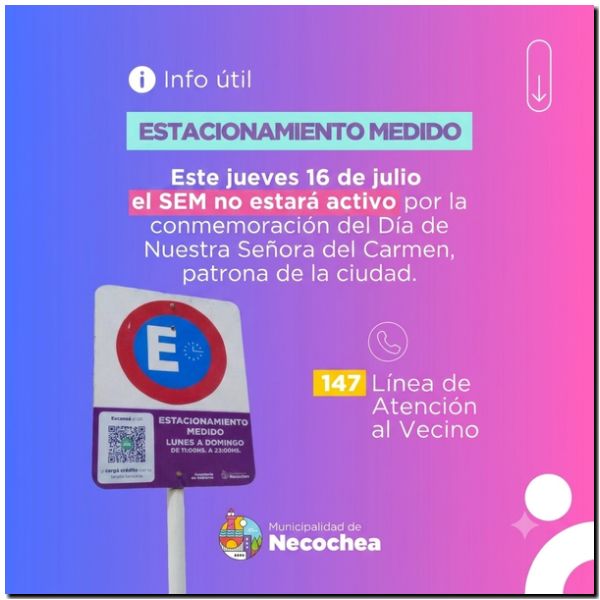 NECOCHEA: Este jueves sin estacionamiento medido